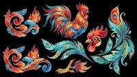 Colorful rooster and phoenix ornamental designs isolated on transparent background. Ready for t-shirt printing, clipart, stickers, sublimation, and print-on-demand projects.
