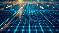 Digital technology grid with glowing blue lines and golden light particles floating in cyberspace, abstract network connection background for tech concepts.