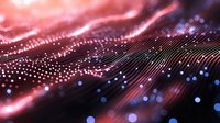 Abstract digital wave pattern with glowing pink and blue particles flowing in curved lines against dark background, creating futuristic technology visualization.