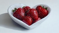 Fresh ripe strawberries arranged in white heart-shaped bowl on clean background for healthy eating and romantic dining concepts.