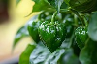 Fresh green bell peppers growing on plant with water droplets in organic garden for healthy cooking and agriculture concepts.