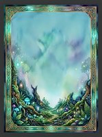Enchanted fantasy landscape with mystical creatures, glowing lights, and ornate Celtic border frame featuring ethereal sky and magical woodland scenery for game design and fantasy artwork.