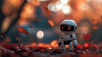 Cute white robot standing among autumn leaves with glowing red eyes against blurred bokeh background in fall forest setting.