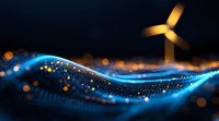 Glowing blue wave with sparkles and wind turbine silhouette against dark background with bokeh lights, representing renewable energy and sustainable power.
