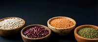 Assorted legumes in wooden bowls including white beans, lentils, kidney beans and mung beans on dark background for healthy cooking and nutrition.