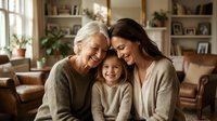 Three generations of women bonding together in cozy living room. Grandmother, mother and daughter sharing tender moment at home creating family memories.