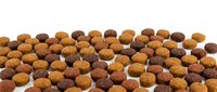 Dry pet food kibble scattered on white background, showing mixed brown and tan round pellets for dogs or cats, isolated for design use.