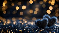 Sparkling blue glitter hearts on dark background with golden bokeh lights creating romantic atmosphere. Suitable for Valentine's Day designs and love themes.