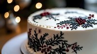 Elegant white cake decorated with winter botanical design featuring dark green foliage and red berries, with soft bokeh lights in background creating festive mood.