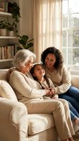Three generations of women sharing a joyful moment on a cozy sofa at home, grandmother, mother and granddaughter smiling together in warm natural light.