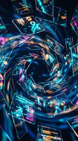 Futuristic digital devices with glowing holographic interfaces and neon lights swirling in circular motion, representing cybersecurity, data flow, and technology innovation for tech industry marketing.