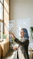 Middle-aged woman, Caucasian ethnicity, business professional wearing blazer interacting with holographic digital interface displaying gears, network connections, and workflow diagrams in modern office environment near window.