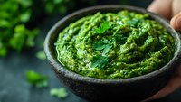 Fresh homemade guacamole dip with cilantro in rustic stone bowl against dark background, selective focus on creamy avocado texture and herbs.