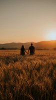 Romantic couple holding hands walking through golden wheat field at sunset with mountains in background creating warm intimate atmosphere.
