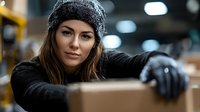 Young Caucasian female warehouse worker in winter beanie and black sweater handling cardboard boxes during inventory management in distribution center storage facility.