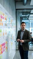 Male professional in business casual attire presenting project planning board with colorful sticky notes and wireframes in modern office corridor. Suitable for business, startup, design, and project management concepts.