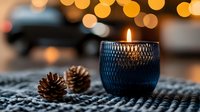 Glowing navy blue textured candle holder with burning flame and pine cones on knitted surface against blurred golden bokeh lights creating cozy winter atmosphere.