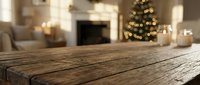 Rustic wooden table surface with blurred Christmas living room background featuring decorated tree and fireplace for holiday product display.