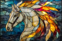 Majestic horse head with vibrant rainbow mane in stained glass mosaic style against deep blue background, artistic interpretation showcasing colorful geometric shapes.