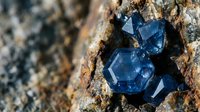 Deep blue sapphire crystals embedded in natural rock matrix showcasing raw gemstone formation and mineral geology for educational and commercial use.