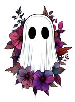 Cute ghost figure surrounded by dark purple and burgundy flowers and leaves, isolated on white background. Spooky yet adorable design for Halloween decor and prints.