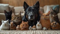 Mixed group of pets including black dog, cats and rabbits sitting together on couch, looking at camera. Heartwarming portrait of domestic animals showing friendship and bonding.