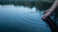 Woman's hands creating gentle ripples in calm lake water at twilight with forest reflection creating peaceful meditation moment.
