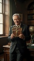 Senior man with white hair, Caucasian ethnicity, wearing dark business suit, holding wooden cross in traditional study library with bookshelves, globe and desk. Faith and spirituality concept.