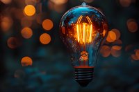 Vintage Edison light bulb with glowing filament against dark background with orange bokeh lights, creating atmospheric mood for creative concept designs.