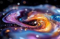 Swirling cosmic abstract with vibrant orange and purple colors mixing in fluid motion, sparkling bokeh lights create magical galaxy-like formation on dark background.