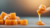 Golden caramel candy cubes with dripping liquid caramel sauce on wooden spoon, macro food photography against blurred background with warm lighting.