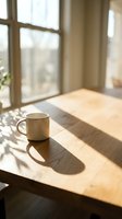 Ceramic mug with hot beverage sitting on wooden table by window with natural sunlight streaming through, creating shadows and warm ambiance for home, lifestyle and morning routine concepts.