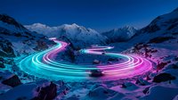 Neon light trails curve through snowy mountain valley at night, creating glowing cyan and magenta circular patterns against dark peaks and winter landscape for digital art projects.