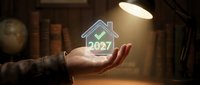 Young adult male hand holding glowing neon house icon with 2027 checkmark symbol, representing future home ownership goals and real estate investment planning.