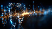 Digital tooth with glowing circuit patterns and data streams against blurred city lights background for dental technology and healthcare innovation concepts.