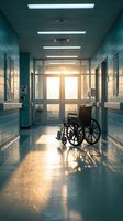 Empty wheelchair in hospital corridor with sunlight streaming through glass doors creating dramatic lighting and shadows on polished floor.
