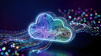 Cloud computing network with neon circuit board design and flowing digital data particles. Represents data storage, cybersecurity, and technology infrastructure for business applications.