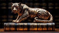 Bronze tiger sculpture resting on antique leather-bound book with ornate gold detailing against dark background, showcasing intricate metalwork and dramatic lighting.
