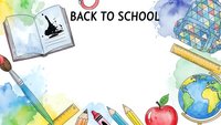 Watercolor back to school supplies frame with books, pencils, apple, globe and geometric backpack on white background for educational designs.