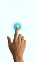 Hand finger touching glowing turquoise button with white arrow icon on clean white background for digital interface and user experience design.
