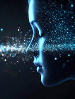 Profile silhouette illuminated by glowing blue particles against dark background, creating ethereal atmosphere with scattered light effects and bokeh elements.