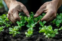 Hands tending to young green seedlings growing in dark fertile soil, close-up view showing organic gardening and sustainable agriculture practices.