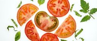 Sliced fresh tomatoes and green leaves arranged on white background, ideal for food, cooking, recipe, and healthy eating design projects.