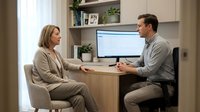Professional business meeting between Caucasian woman and man in modern office discussing project at desk with computer monitor and organized shelving.