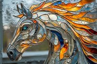 Stained glass horse head with vibrant orange mane and blue accents, artistic mosaic design featuring intricate swirling patterns and decorative elements.