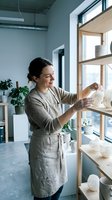 Young Caucasian female potter arranging handmade ceramic bowls on wooden shelves in bright modern studio workspace with natural light and plants.