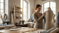 Young female fashion designer working with dress form mannequin in bright sunlit atelier studio workspace for clothing design and tailoring projects.