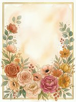 Watercolor floral frame with roses, peonies, and wildflowers in warm earth tones, gold border, copy space for wedding or greeting card.