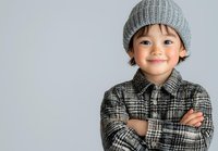 Cheerful Asian boy wearing winter plaid coat and gray knit beanie poses with crossed arms and bright smile against light background. Childhood fashion portrait.