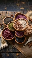 Assorted legumes and beans in wooden bowls on rustic table with burlap cloth, healthy protein-rich ingredients for cooking and nutrition concepts.